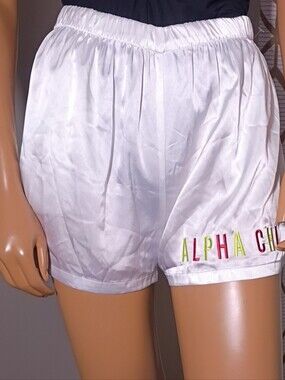 White Satin Athletic Shorts‎ with Embroidered Alpha Chi Detail